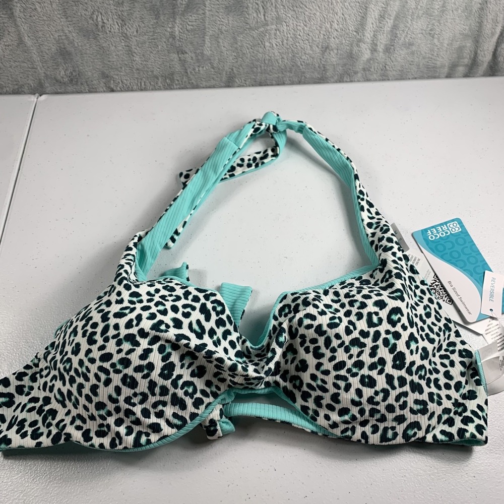 Coco Reef Women's Verso Reversible Bikini Top 36/38D Green Cheetah Print NWT
